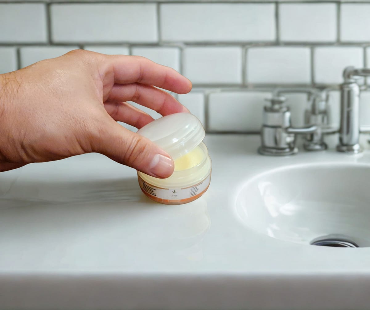Mano abriendo el pote de la Crema Cicatrizante Lualy O-3Life, un producto esencial para el cuidado diario de la piel dañada.