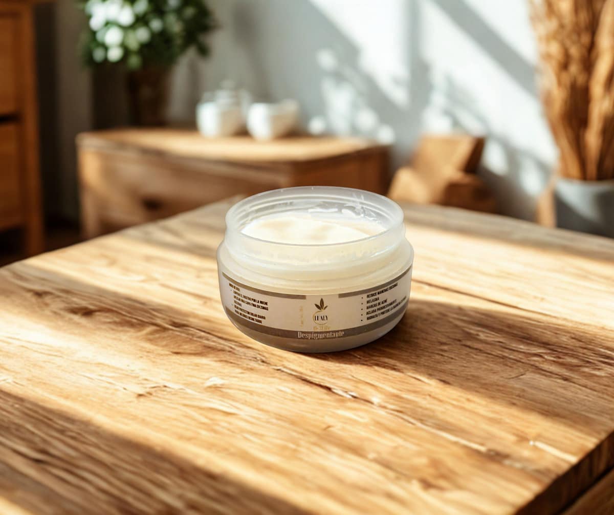 Crema despigmentante con ozono sobre una mesa rústica, destacando su envase y la etiqueta del producto.
