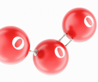 Ilustración animada de la molécula de ozono (O3) con tres esferas de color rojo, representando su estructura química de tres átomos de oxígeno.