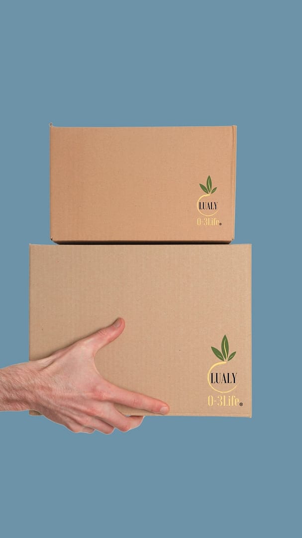 Una mano sosteniendo dos cajas de envío con el logo de Lualy O-3Life, simbolizando el servicio de envíos a todo México.
