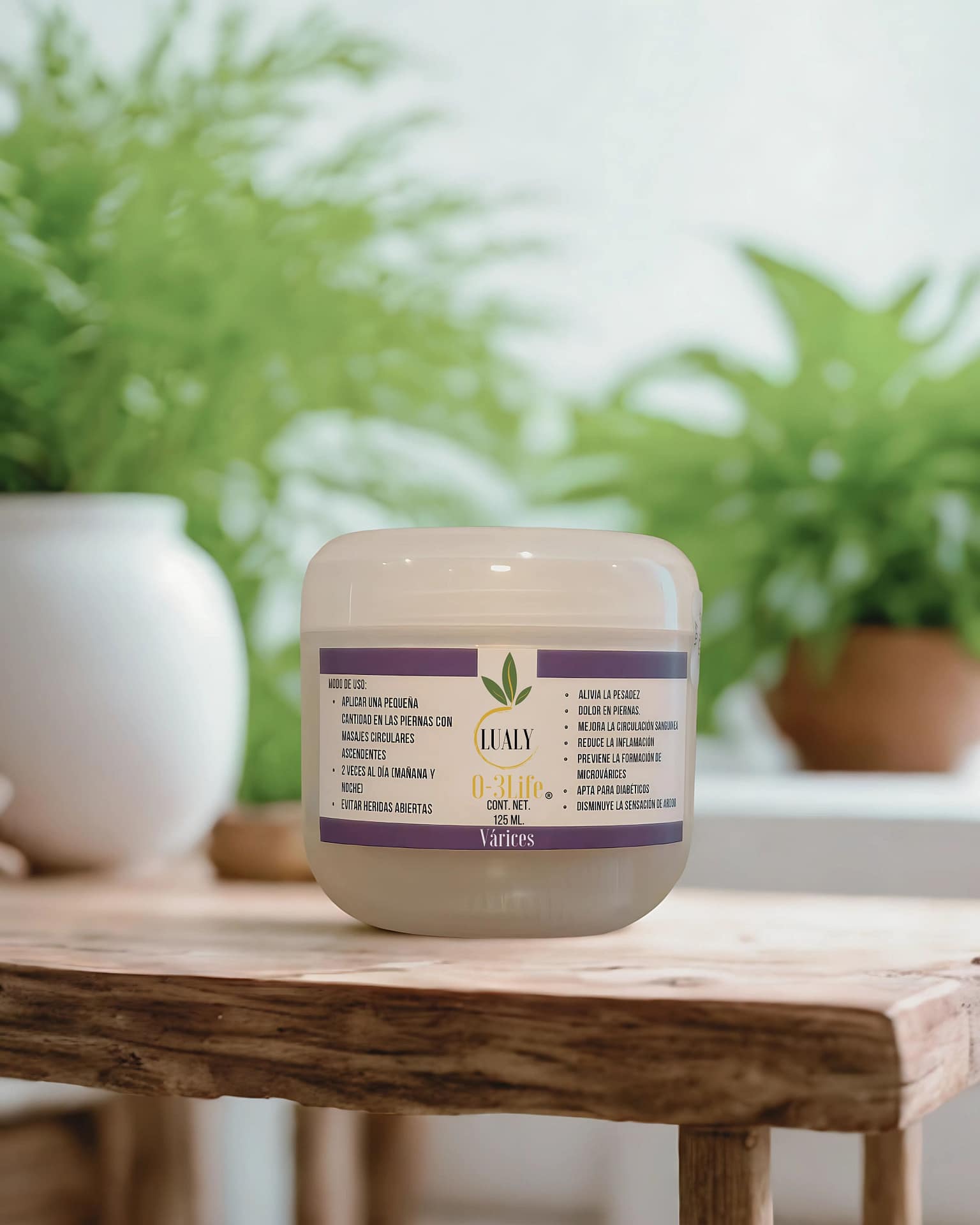 Crema Antivárices de ozono Lualy O-3Life para el alivio y mejora de la apariencia de las várices.