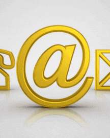 Icono dorado y animado de una arroba (@) y un sobre, representando la sección de contacto y correo electrónico.